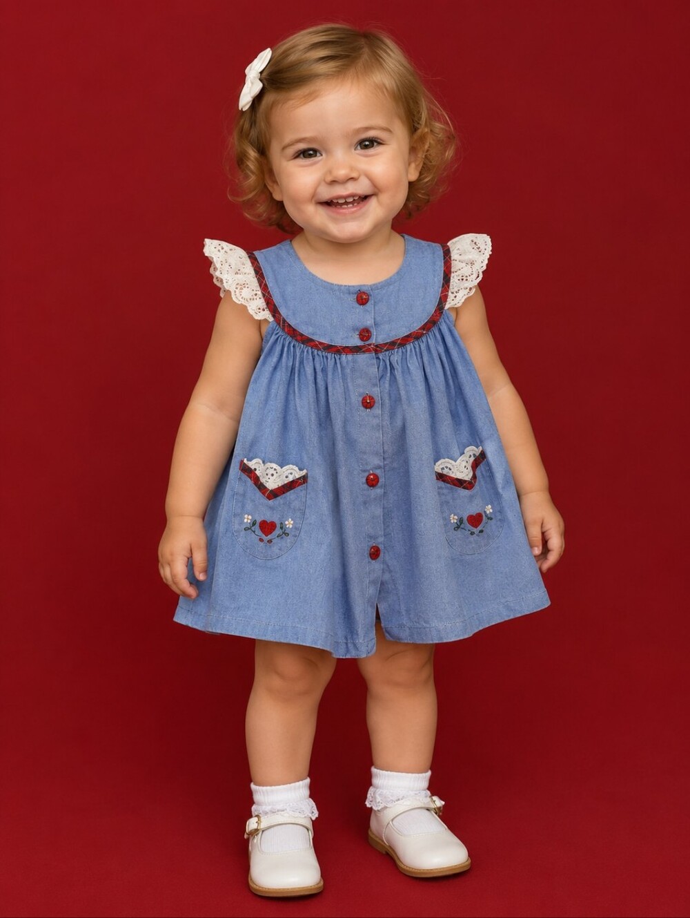 Vtg Baby Togs Heart Plaid Lace Button Down Chambray Summer Valentine's Dress